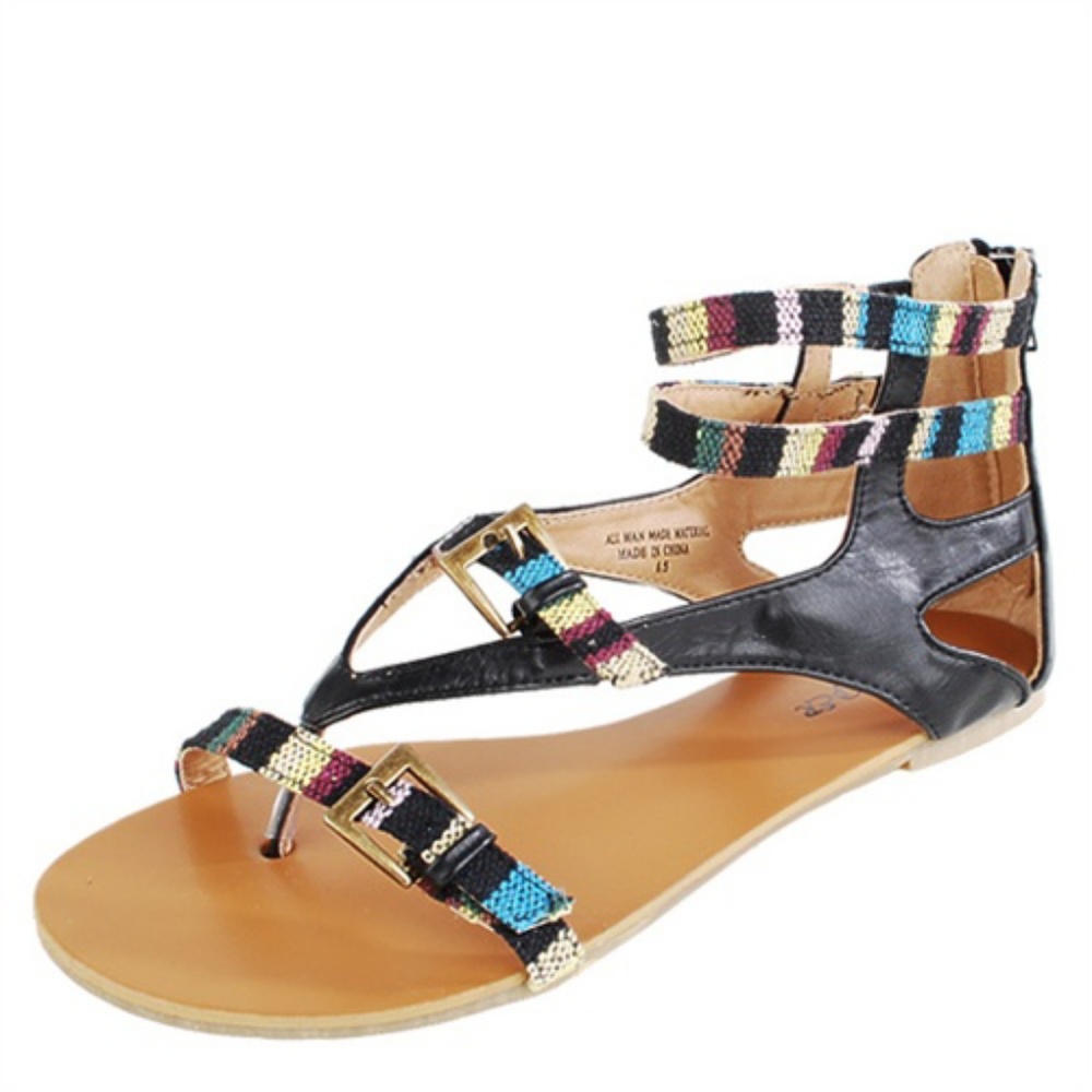 Tribal Gladiator Flat Sandals Black